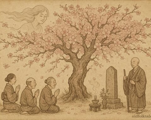 A glowing cherry tree blooming during a memorial ceremony in Yoshino with a peaceful spirit nearby.