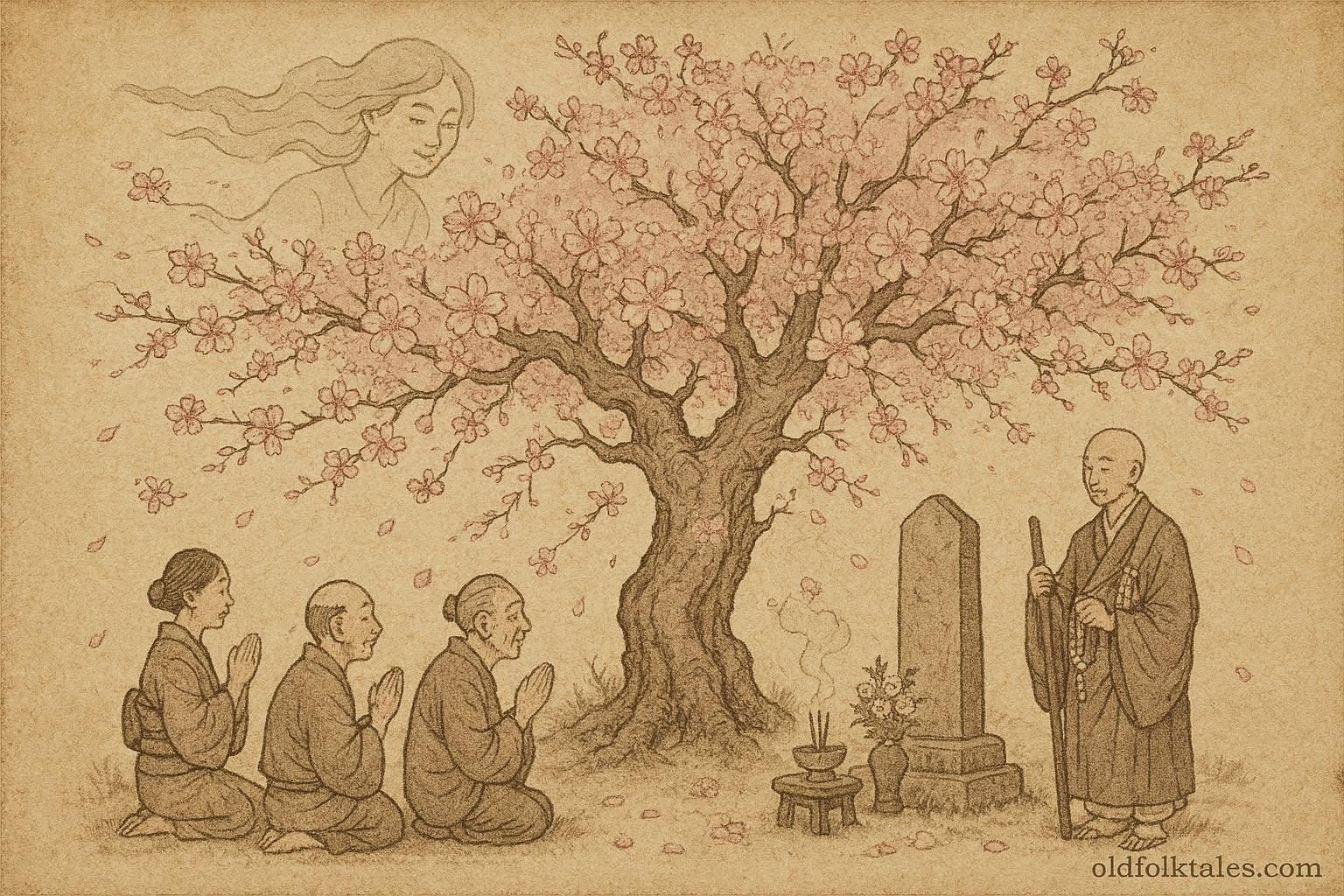 A glowing cherry tree blooming during a memorial ceremony in Yoshino with a peaceful spirit nearby.