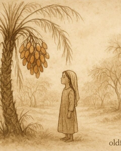 Parchment-style illustration of Fatima beside the dying date palm in Nakhal, traditional Omani folktale scene.