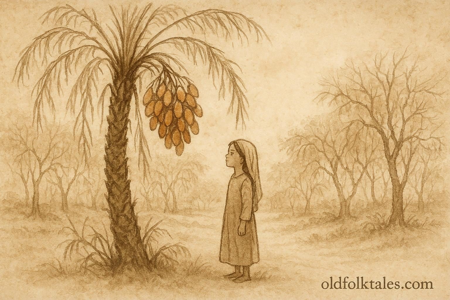 Parchment-style illustration of Fatima beside the dying date palm in Nakhal, traditional Omani folktale scene.