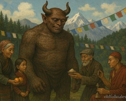 A Tibetan demon learns compassion from villagers and a monk, transforming into a protective spirit.