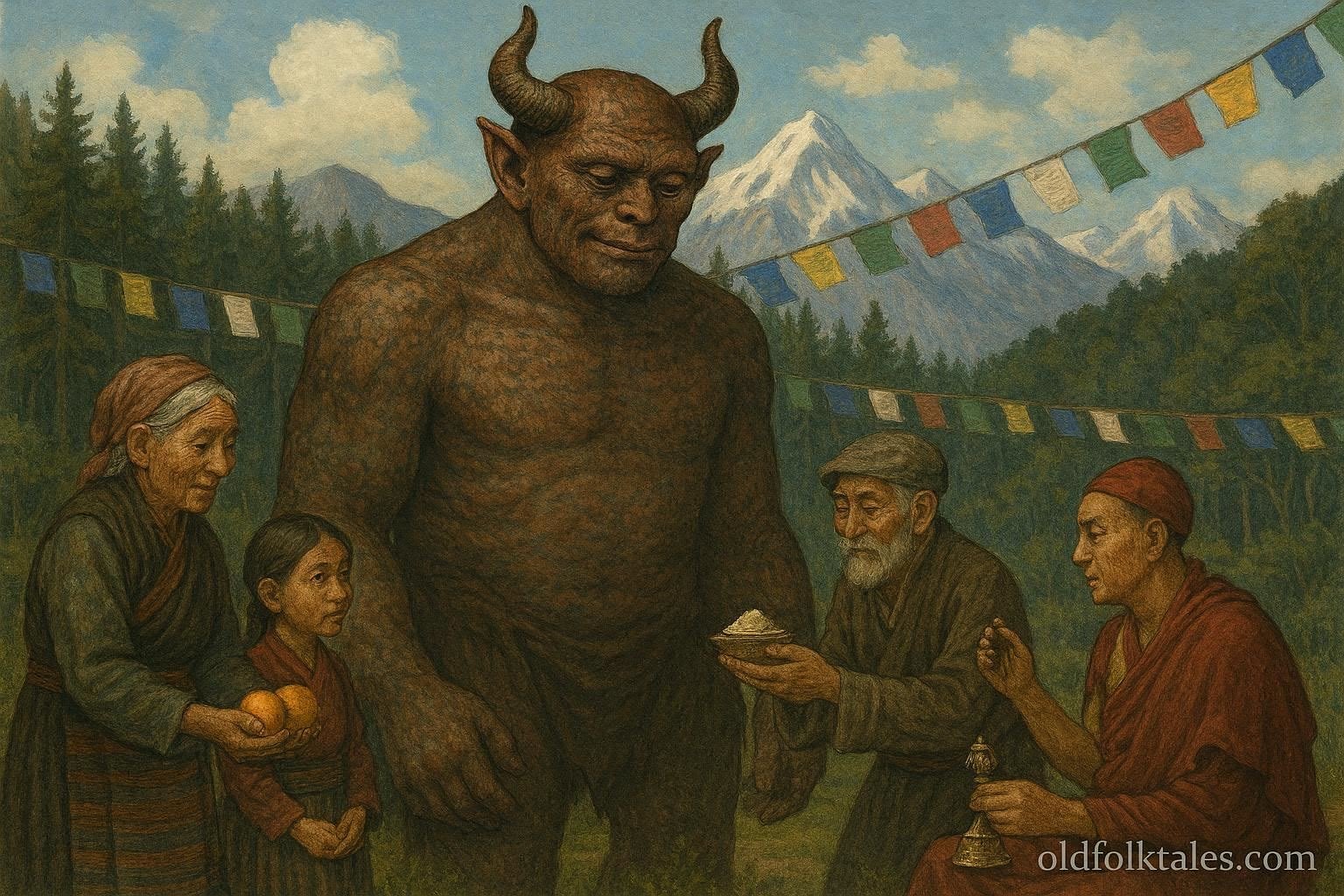 A Tibetan demon learns compassion from villagers and a monk, transforming into a protective spirit.