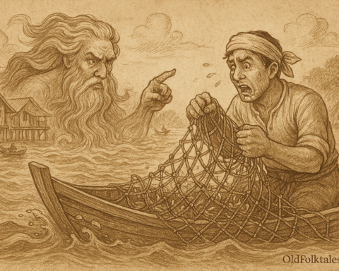 Sepia-toned parchment illustration depicting a dramatic folklore scene on a river. A distressed fisherman sits in a small wooden boat, clutching a fishing net with tears streaming down his face. Emerging from the water is a towering, ethereal figure with long flowing hair and beard, pointing sternly at the man. The spirit’s expression is commanding and sorrowful, resembling a mythical river or sea guardian. In the background, stilt houses line the shore and other boats float nearby. The atmosphere is tense and mystical, evoking a tale of divine confrontation and moral reckoning. “OldFolktales.com” is inscribed at the bottom right.
