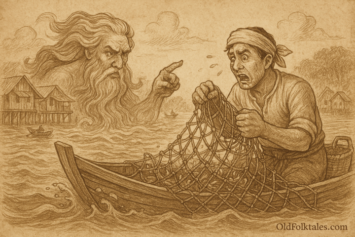 Sepia-toned parchment illustration depicting a dramatic folklore scene on a river. A distressed fisherman sits in a small wooden boat, clutching a fishing net with tears streaming down his face. Emerging from the water is a towering, ethereal figure with long flowing hair and beard, pointing sternly at the man. The spirit’s expression is commanding and sorrowful, resembling a mythical river or sea guardian. In the background, stilt houses line the shore and other boats float nearby. The atmosphere is tense and mystical, evoking a tale of divine confrontation and moral reckoning. “OldFolktales.com” is inscribed at the bottom right.