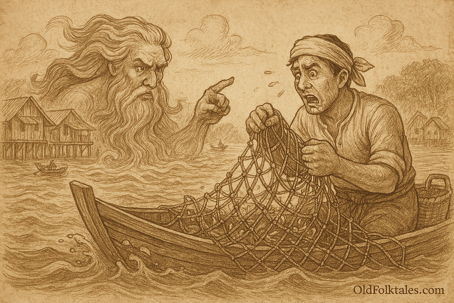 Sepia-toned parchment illustration depicting a dramatic folklore scene on a river. A distressed fisherman sits in a small wooden boat, clutching a fishing net with tears streaming down his face. Emerging from the water is a towering, ethereal figure with long flowing hair and beard, pointing sternly at the man. The spirit’s expression is commanding and sorrowful, resembling a mythical river or sea guardian. In the background, stilt houses line the shore and other boats float nearby. The atmosphere is tense and mystical, evoking a tale of divine confrontation and moral reckoning. “OldFolktales.com” is inscribed at the bottom right.