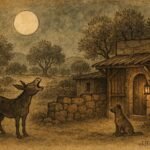 Parchment style illustration of a donkey braying at night beside a guarding dog in a Palestinian folktale.