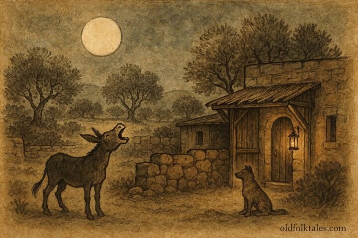 Parchment style illustration of a donkey braying at night beside a guarding dog in a Palestinian folktale.