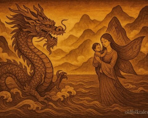 Dragon lord rising from the sea beside a radiant fairy holding a child, symbolizing Vietnamese origin mythology.