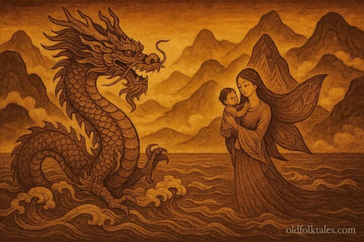 Dragon lord rising from the sea beside a radiant fairy holding a child, symbolizing Vietnamese origin mythology.