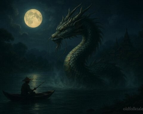 A luminous dragon emerges from the Irrawaddy River at night while a fisherman navigates a small boat along the riverbank with a Burmese village behind him.