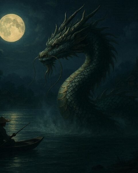 A luminous dragon emerges from the Irrawaddy River at night while a fisherman navigates a small boat along the riverbank with a Burmese village behind him.