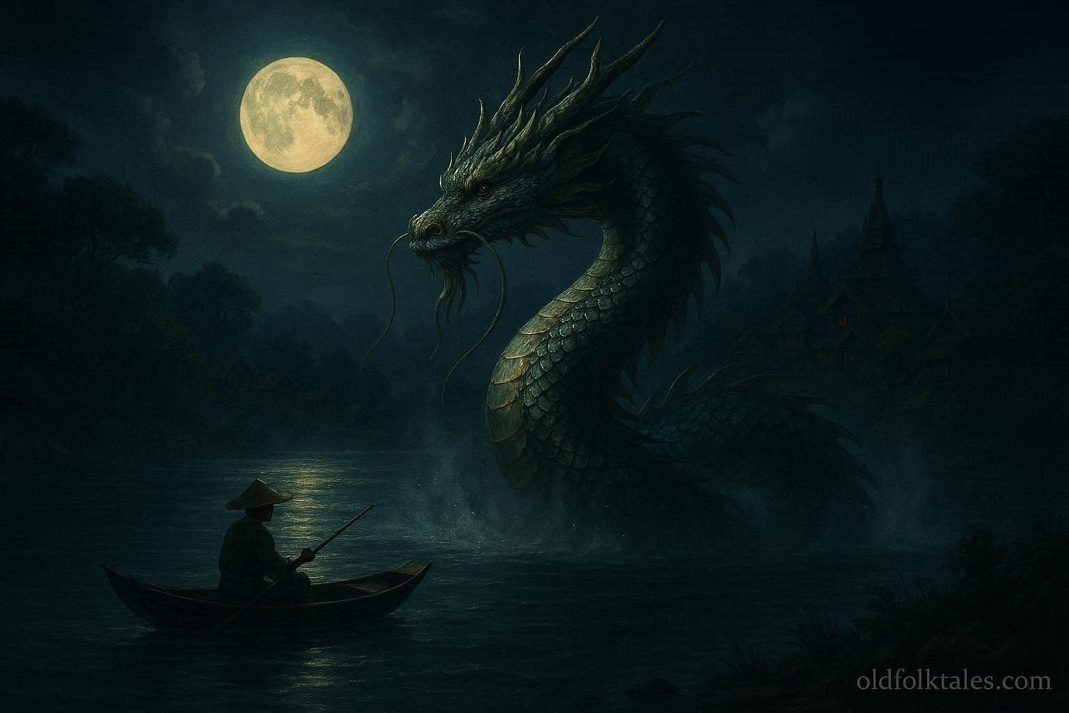 A luminous dragon emerges from the Irrawaddy River at night while a fisherman navigates a small boat along the riverbank with a Burmese village behind him.