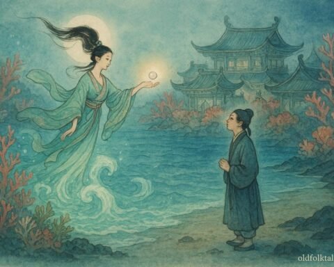 The Dragon King’s daughter offering a magical pearl to a scholar, Southern Chinese folktale.