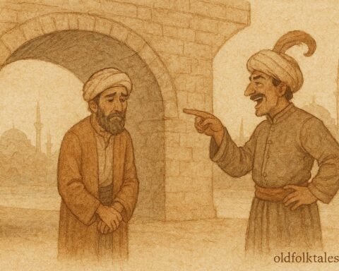 Parchment-style artwork of the poor man at the bridge in Istanbul from the Lebanese folktale.