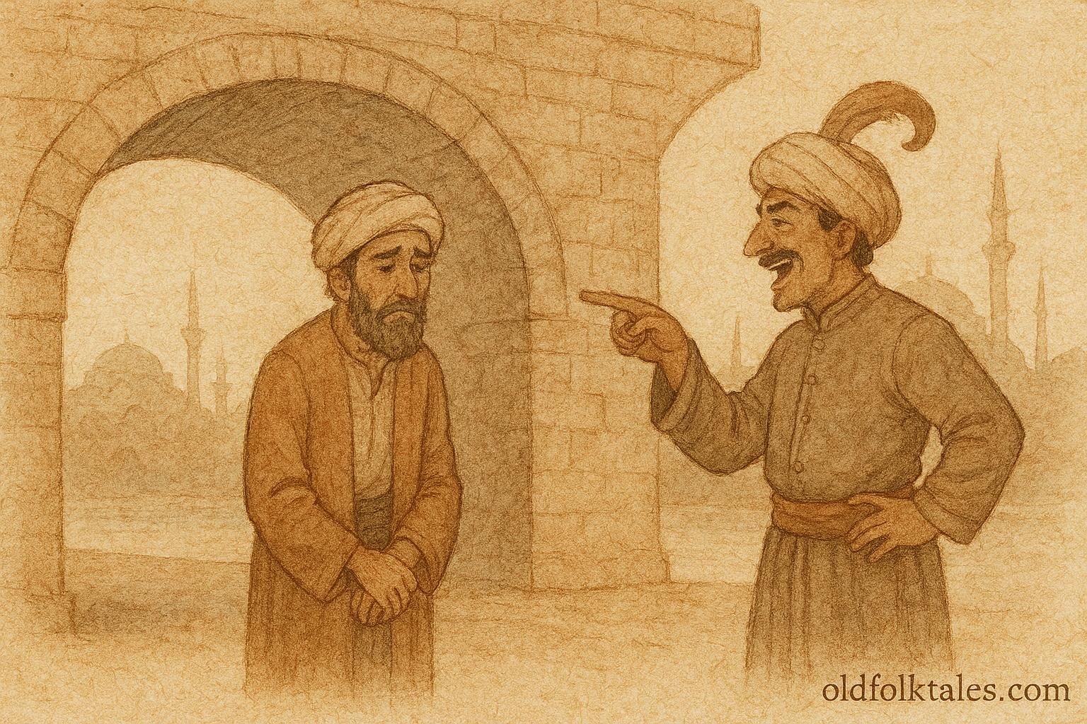 Parchment-style artwork of the poor man at the bridge in Istanbul from the Lebanese folktale.