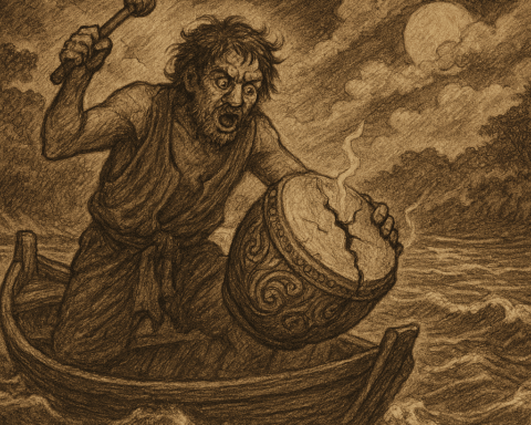 Sepia-toned parchment illustration of the Burmese folktale The Drum of Ko Gyi Kyaw. In the foreground, Ko Gyi Kyaw, depicted as a spirited nat guardian with a horse-like energy, sits cross-legged before a large ceremonial drum. His face is fierce yet playful, adorned with traditional Burmese ornaments, and his hands strike the drum with rhythmic power. Around him, villagers gather in awe, some dancing, others offering bowls of liquor and food, reflecting his reputation as a mischievous spirit.