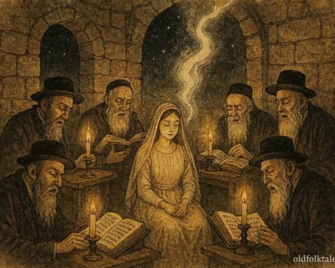 Parchment-style illustration of a bride’s dybbuk exorcism in Safed, Israeli Jewish folktale scene.
