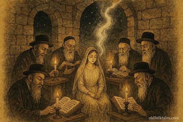 Parchment-style illustration of a bride’s dybbuk exorcism in Safed, Israeli Jewish folktale scene.