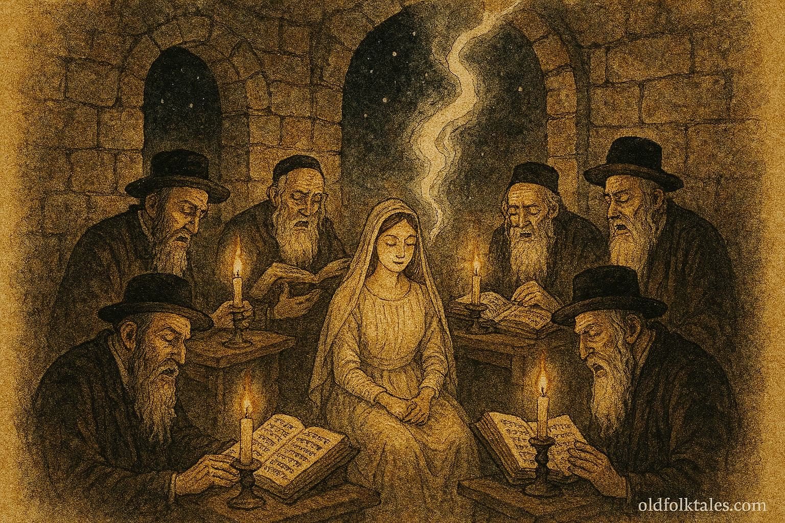 Parchment-style illustration of a bride’s dybbuk exorcism in Safed, Israeli Jewish folktale scene.