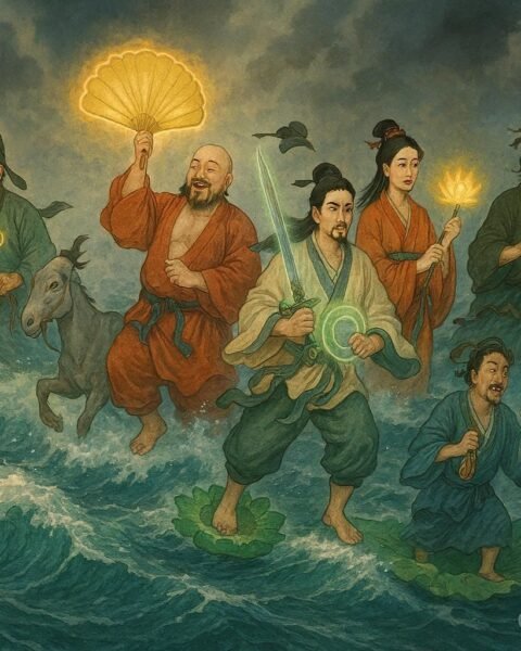 Eight Taoist immortals using magical powers, musical instruments, and artifacts to safely cross a turbulent sea, symbolizing wisdom, teamwork, and spiritual mastery.