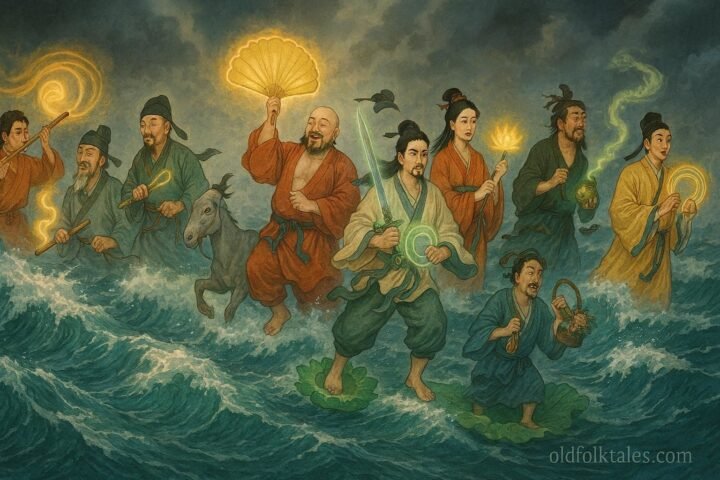 Eight Taoist immortals using magical powers, musical instruments, and artifacts to safely cross a turbulent sea, symbolizing wisdom, teamwork, and spiritual mastery.