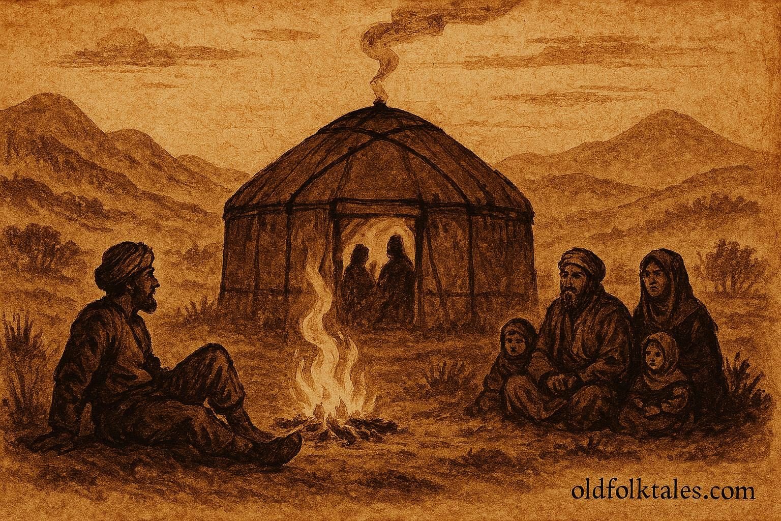 Parchment-style artwork of a disrespectful traveller in a Pashtun yurt, Afghan folktale scene with family and firelight.