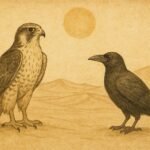 Parchment-style illustration of a falcon and crow enduring desert sun in an Emirati folktale.