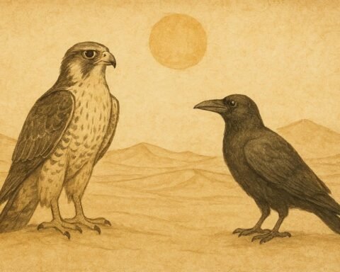 Parchment-style illustration of a falcon and crow enduring desert sun in an Emirati folktale.