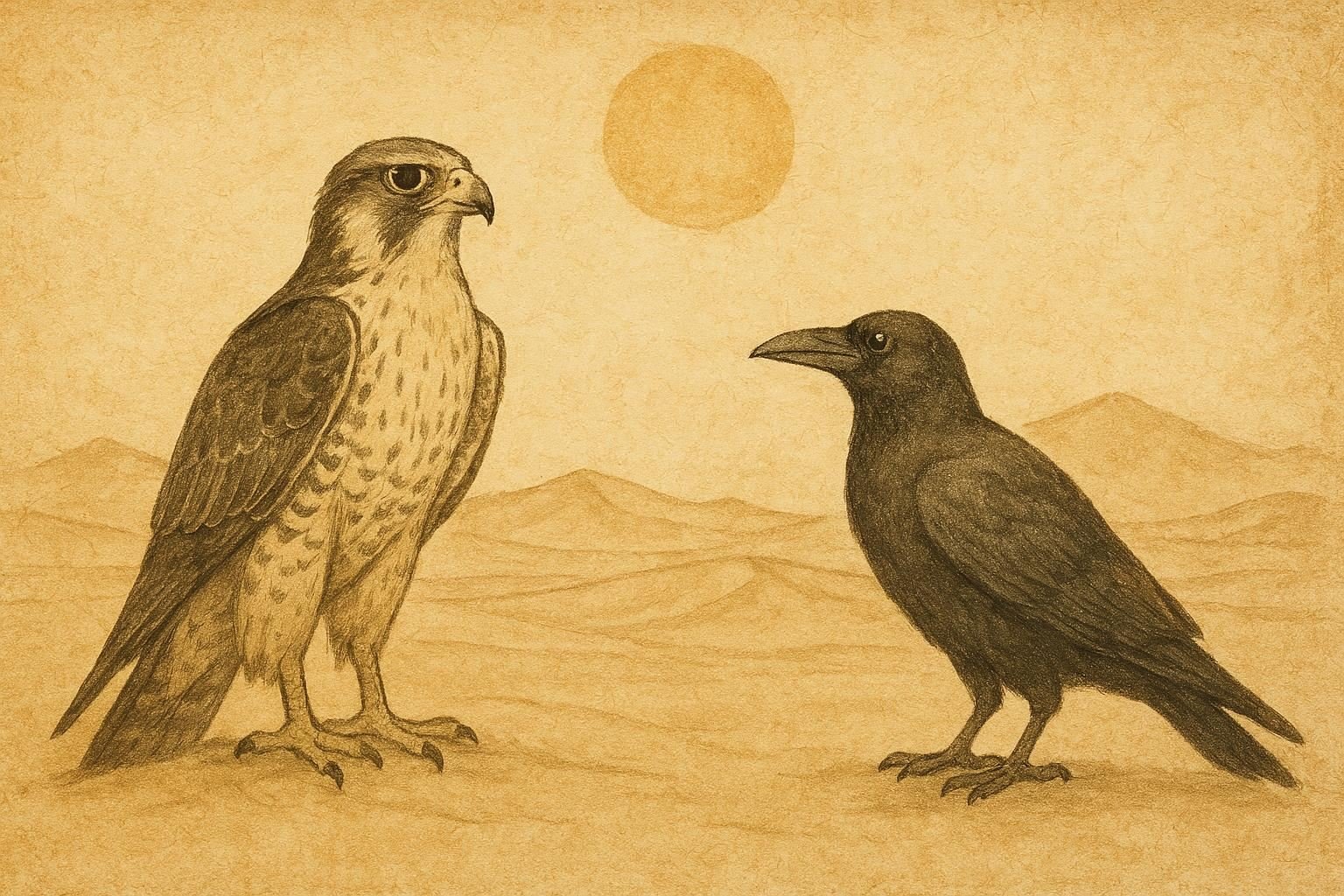 Parchment-style illustration of a falcon and crow enduring desert sun in an Emirati folktale.