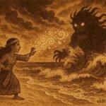 Parchment-style artwork of a fanḍita confronting Rōnu, the Maldivian sea-demon.