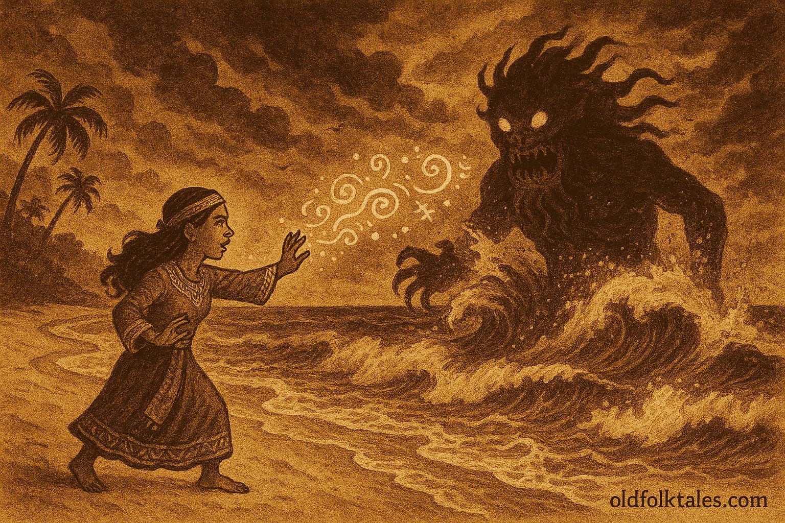 Parchment-style artwork of a fanḍita confronting Rōnu, the Maldivian sea-demon.
