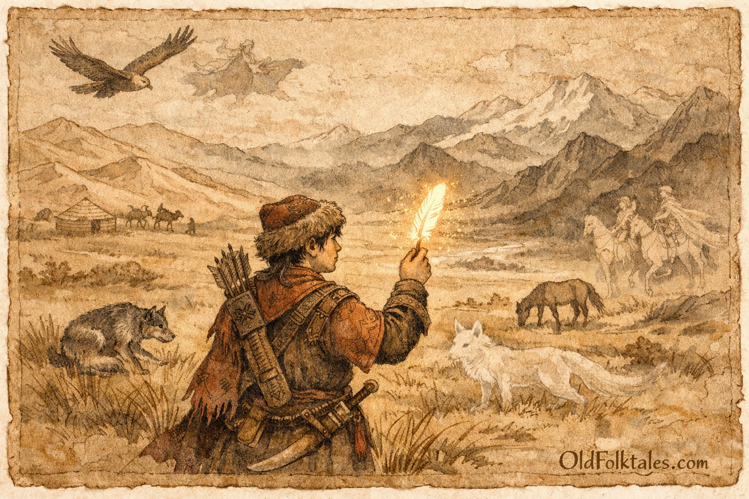 Parchment-style artwork of hero holding Samruk’s feather across the Kazakh steppe.