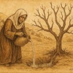 Parchment style illustration of an old woman tending a fig tree in a Palestinian folktale scene.