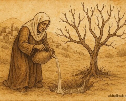 Parchment style illustration of an old woman tending a fig tree in a Palestinian folktale scene.