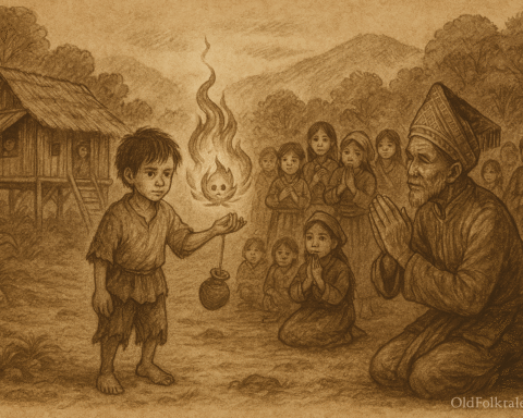 Sepia-toned parchment illustration of the Laotian folktale The Fire Orphan of Hmong Hills. In the center, a solemn orphan boy stands barefoot, holding a small gourd from which a glowing fire spirit emerges, hovering like a flame with a face. Around him, villagers watch in awe and reverence—some kneeling, others standing with expressions of wonder and humility. A traditional Hmong stilt house rises in the background, nestled among misty forested hills. The fire spirit radiates light that contrasts with the warm sepia tones, symbolizing truth and justice. “OldFolktales.com” is inscribed at the bottom right.