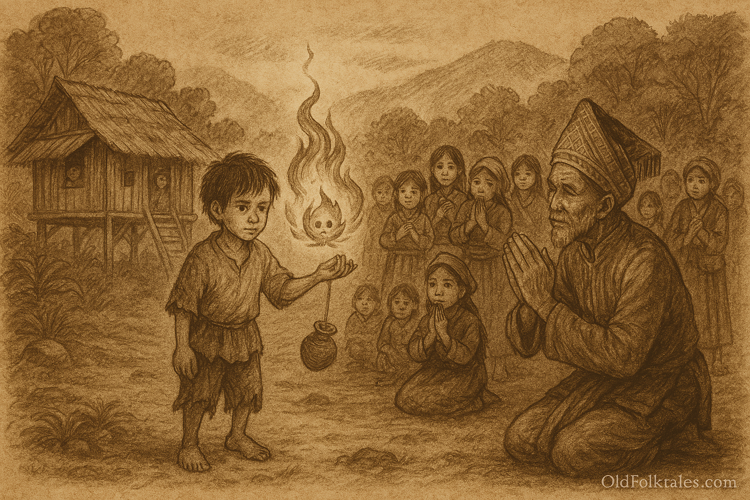 Sepia-toned parchment illustration of the Laotian folktale The Fire Orphan of Hmong Hills. In the center, a solemn orphan boy stands barefoot, holding a small gourd from which a glowing fire spirit emerges, hovering like a flame with a face. Around him, villagers watch in awe and reverence—some kneeling, others standing with expressions of wonder and humility. A traditional Hmong stilt house rises in the background, nestled among misty forested hills. The fire spirit radiates light that contrasts with the warm sepia tones, symbolizing truth and justice. “OldFolktales.com” is inscribed at the bottom right.