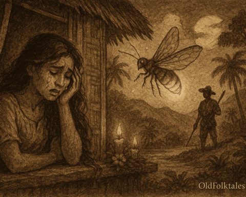 Sepia-toned parchment illustration of the Philippine legend The Firefly Lover from Marinduque. On the left, a grieving maiden named Lila leans on the windowsill of a traditional nipa hut, tears streaming down her face as she gazes at a glowing firefly hovering just outside. The firefly radiates warm golden light, illuminating her sorrowful expression. In the background, a silhouette of a man in traditional attire stands with a spear beneath a moonlit sky, surrounded by palm trees and rolling hills. Two candles flicker on the windowsill beside sampaguita flowers. “OldFolktales.com” is inscribed at the bottom right.