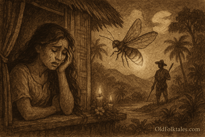 Sepia-toned parchment illustration of the Philippine legend The Firefly Lover from Marinduque. On the left, a grieving maiden named Lila leans on the windowsill of a traditional nipa hut, tears streaming down her face as she gazes at a glowing firefly hovering just outside. The firefly radiates warm golden light, illuminating her sorrowful expression. In the background, a silhouette of a man in traditional attire stands with a spear beneath a moonlit sky, surrounded by palm trees and rolling hills. Two candles flicker on the windowsill beside sampaguita flowers. “OldFolktales.com” is inscribed at the bottom right.