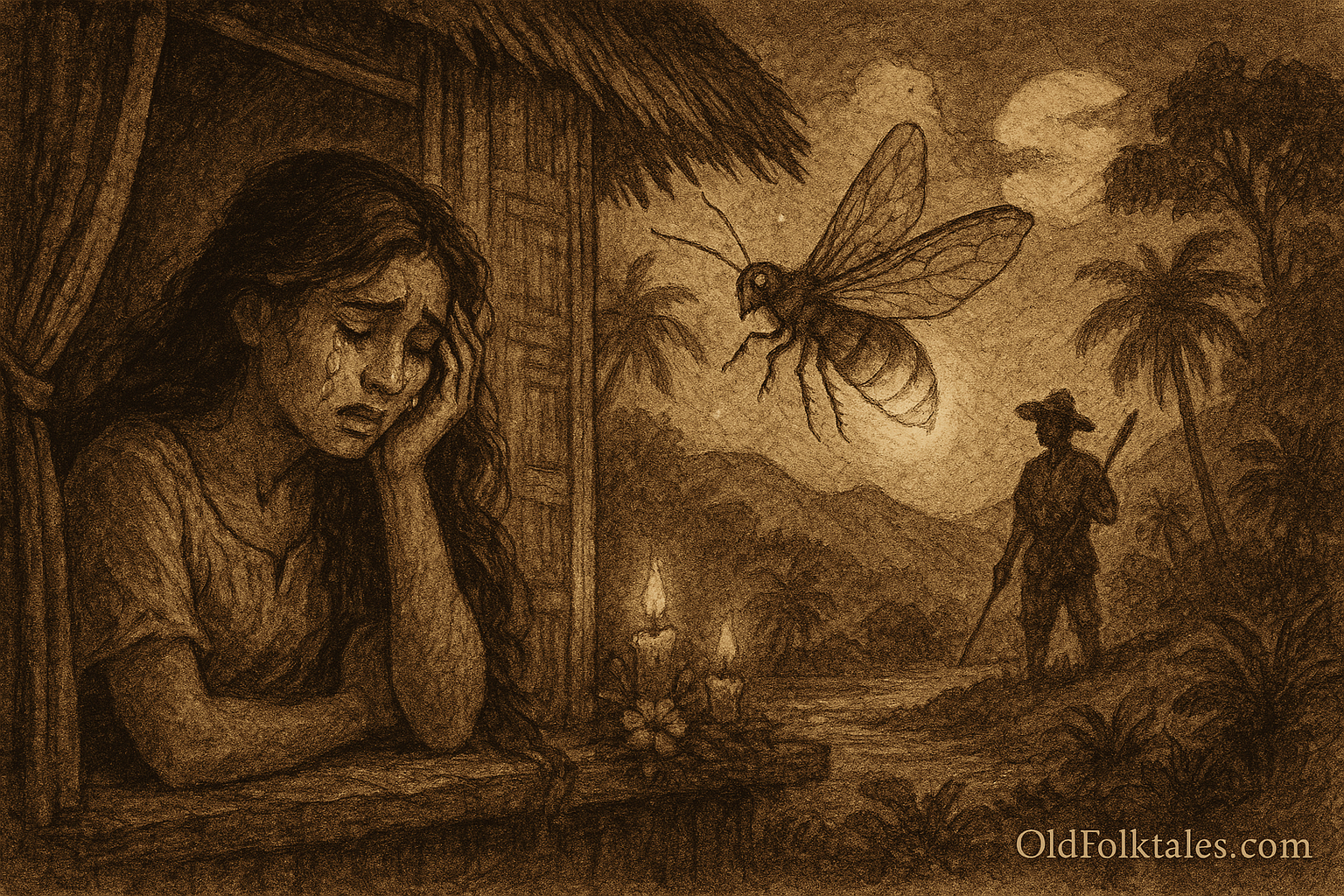 Sepia-toned parchment illustration of the Philippine legend The Firefly Lover from Marinduque. On the left, a grieving maiden named Lila leans on the windowsill of a traditional nipa hut, tears streaming down her face as she gazes at a glowing firefly hovering just outside. The firefly radiates warm golden light, illuminating her sorrowful expression. In the background, a silhouette of a man in traditional attire stands with a spear beneath a moonlit sky, surrounded by palm trees and rolling hills. Two candles flicker on the windowsill beside sampaguita flowers. “OldFolktales.com” is inscribed at the bottom right.
