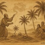 Parchment-style illustration of a fanḍita creating the first coconut trees from skulls, Maldivian folktale scene.
