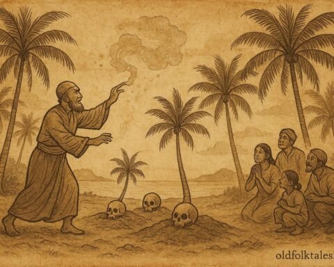 Parchment-style illustration of a fanḍita creating the first coconut trees from skulls, Maldivian folktale scene.