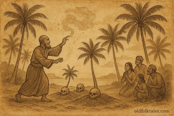 Parchment-style illustration of a fanḍita creating the first coconut trees from skulls, Maldivian folktale scene.