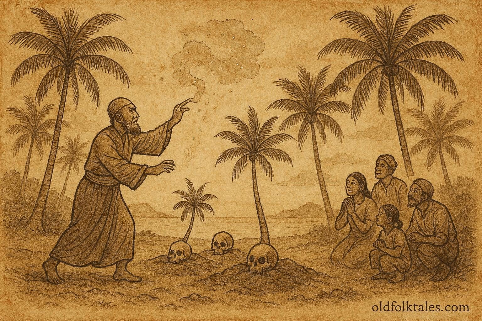 Parchment-style illustration of a fanḍita creating the first coconut trees from skulls, Maldivian folktale scene.