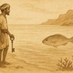 Parchment-style illustration of a Socotran diver retrieving a key from a golden-spotted fish, Yemeni folktale scene.