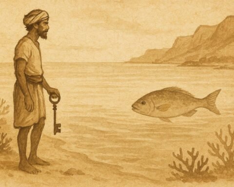 Parchment-style illustration of a Socotran diver retrieving a key from a golden-spotted fish, Yemeni folktale scene.