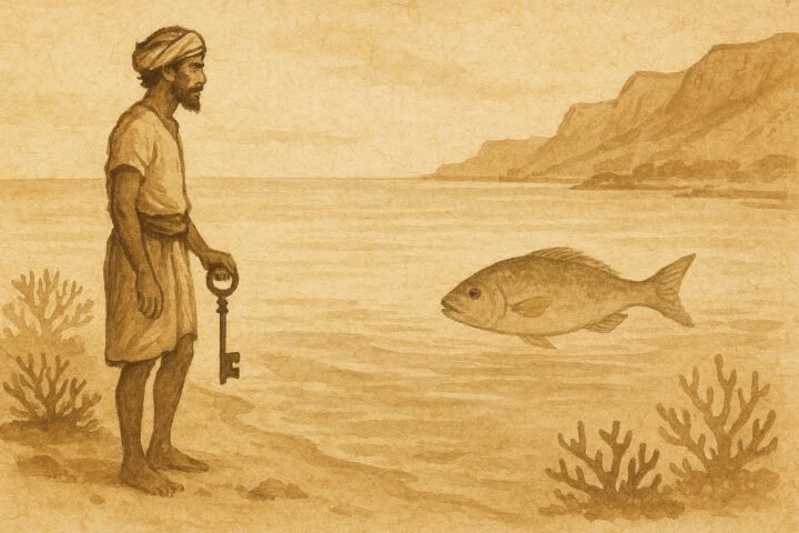 Parchment-style illustration of a Socotran diver retrieving a key from a golden-spotted fish, Yemeni folktale scene.