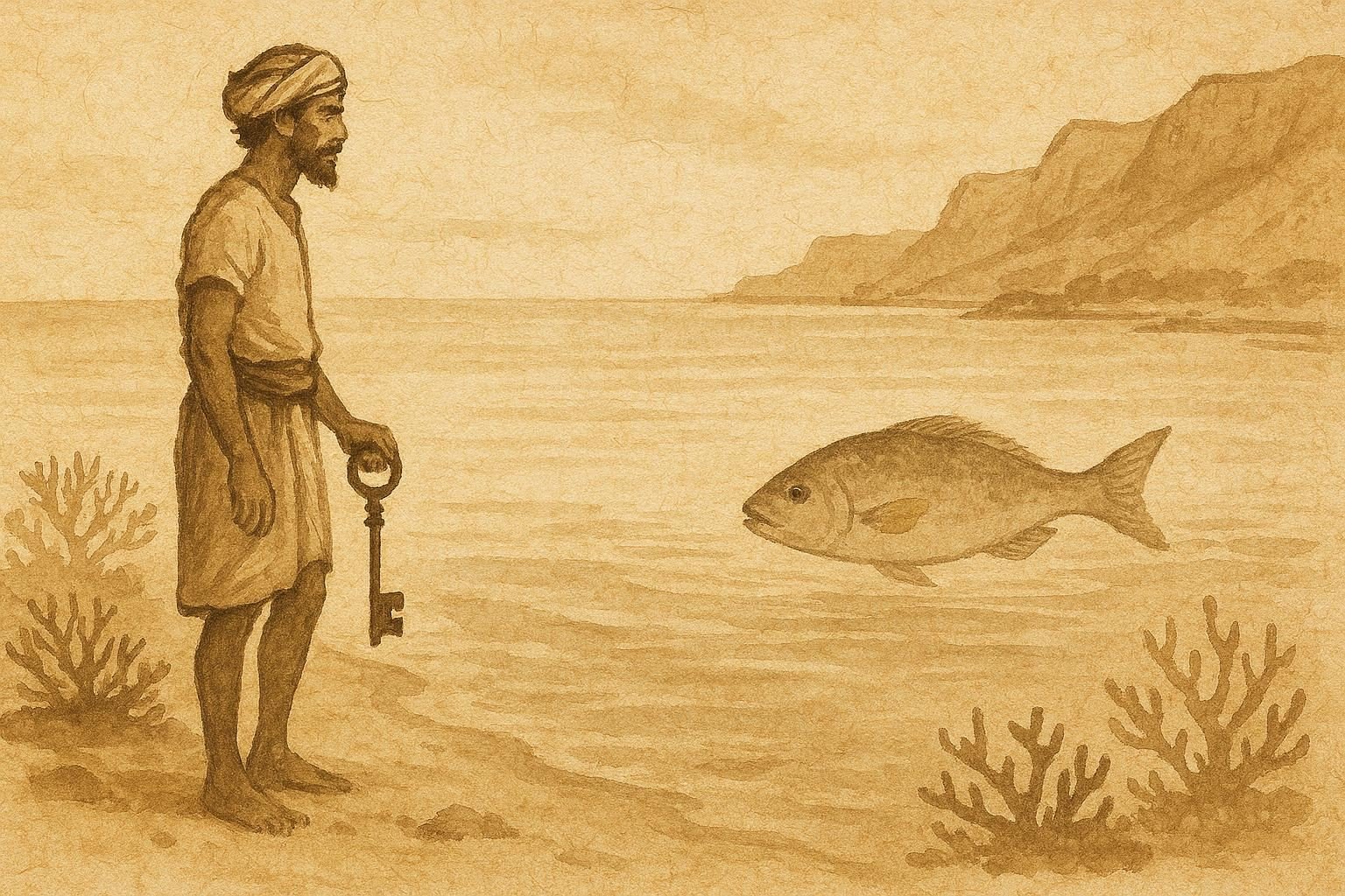 Parchment-style illustration of a Socotran diver retrieving a key from a golden-spotted fish, Yemeni folktale scene.