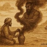Parchment-style illustration of Yusuf releasing a jinni from a copper jar on the Omani coast.