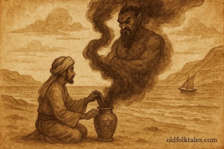 Parchment-style illustration of Yusuf releasing a jinni from a copper jar on the Omani coast.