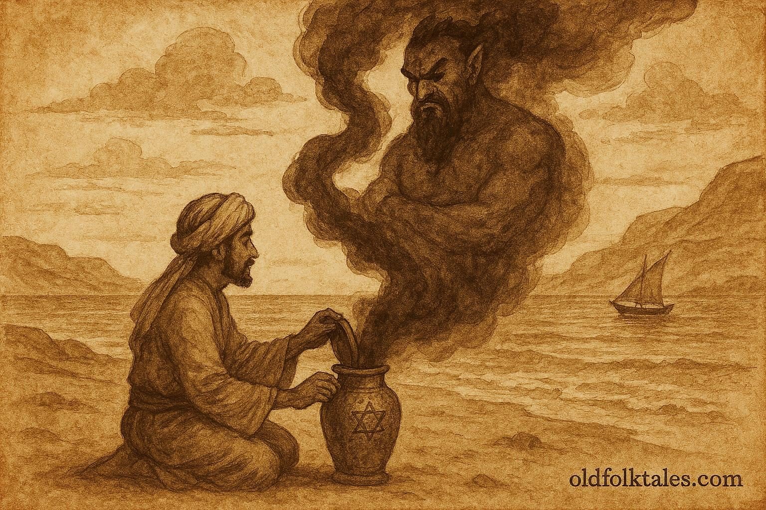 Parchment-style illustration of Yusuf releasing a jinni from a copper jar on the Omani coast.